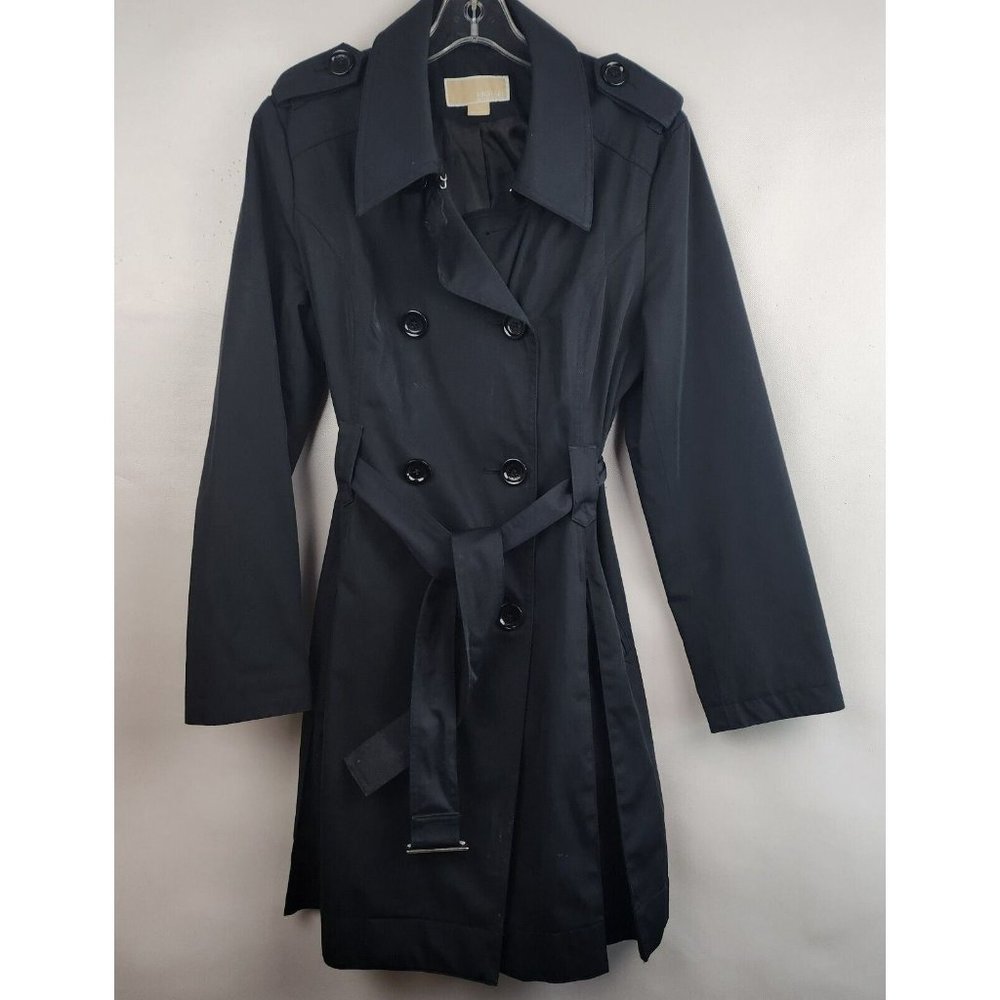 Michael Michael Kors Black Belted Double Breasted Trench Coat Size Medium - Picture 1 of 5